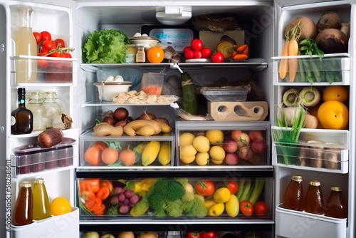 A vegan refrigerator or fridge full of vegetables and fruits ready to start a diet. Concept: Vegetables contributes of healthy diet. Generative ai.