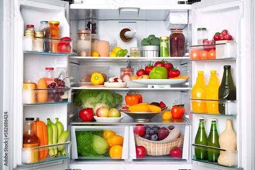 A vegan refrigerator or fridge full of vegetables and fruits ready to start a diet. Concept: Vegetables contributes of healthy diet. Generative ai.