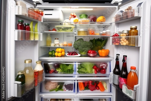 A vegan refrigerator or fridge full of vegetables and fruits ready to start a diet. Concept: Vegetables contributes of healthy diet. Generative ai.