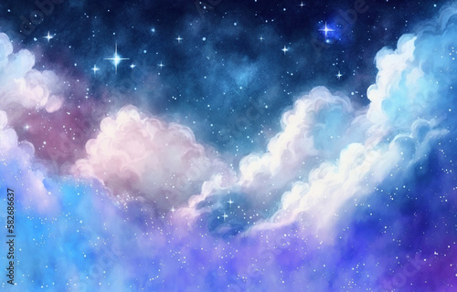 Blue Shining starry sky Universe with Fluffy clouds Watercolor style background generative Ai