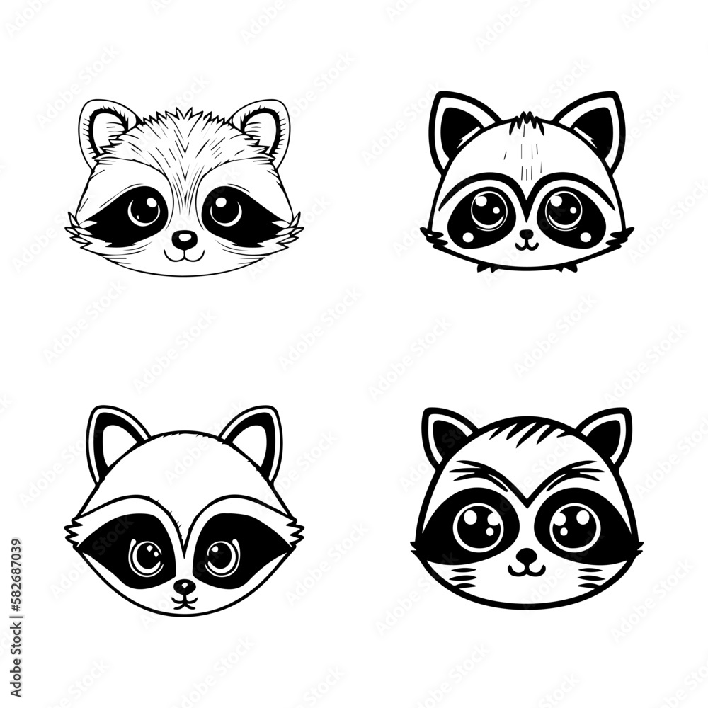 A charming collection of Hand drawn line art illustrations featuring cute anime raccoon head logos. Perfect for adding a touch of cuteness to any project