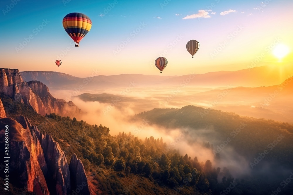 Hot air balloons flying in a foggy sunrise or sunset in the mountains. Concept: Relaxing and romantic flight with marvelous views. Generative ai.