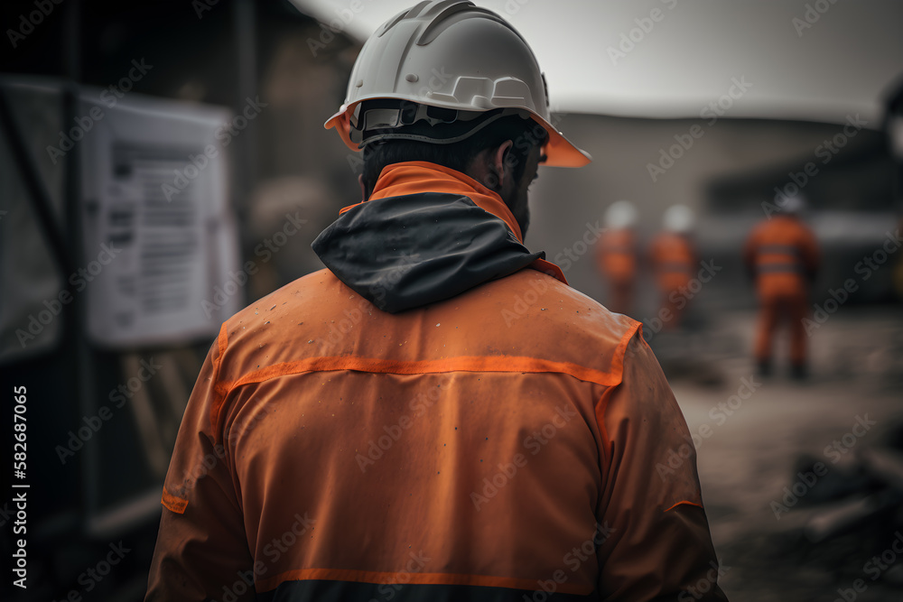 Man with protective helmet walks around construction site, generative model