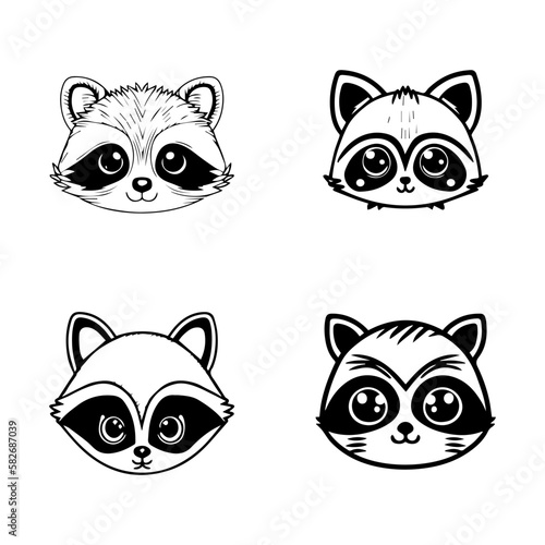 A charming collection of Hand drawn line art illustrations featuring cute anime raccoon head logos. Perfect for adding a touch of cuteness to any project © AGSTRONAUT