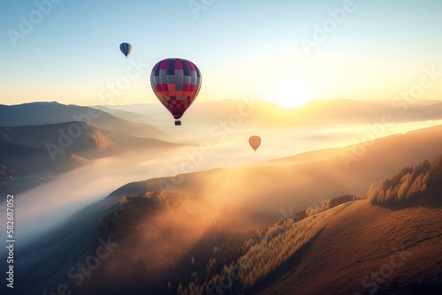 Hot air balloons flying in a foggy sunrise or sunset in the mountains. Concept: Relaxing and romantic flight with marvelous views. Generative ai.