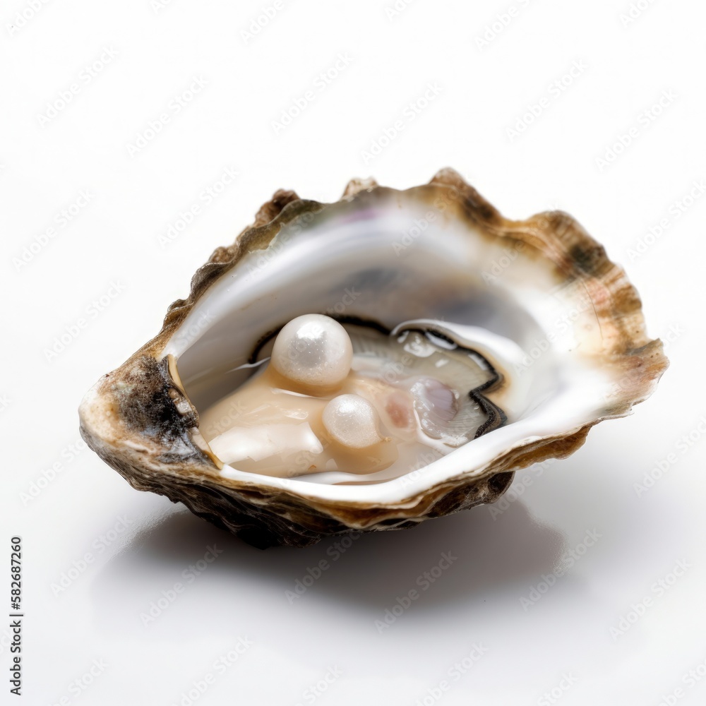Macro closeup of isolated oyster shell with imperfect pearl inside, white background, fleshy meat inside, detailed oval shaped mollusk - generative ai Macro closeup of isolated oyster shell with imperfect pearl inside, white background, fleshy meat inside, detailed oval shaped mollusk - generative ai