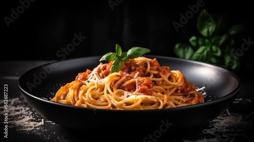 Spaghetti pasta with tomato sauce, mozzarella cheese and fresh basil. Generative AI
