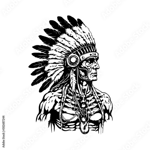 Bold and striking Hand drawn line art illustration of an Indian American chief head  showcasing strength  wisdom  and cultural heritage