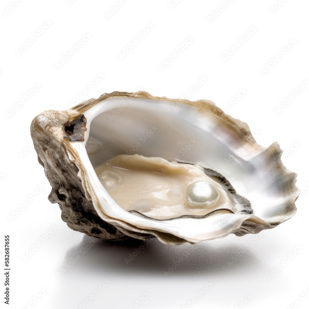 Naklejka premium Macro closeup of isolated oyster shell with imperfect pearl inside, white background, fleshy meat inside, detailed oval shaped mollusk - generative ai