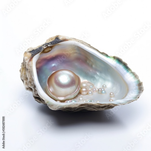 Macro closeup of isolated oyster shell with imperfect pearl inside, white background, fleshy meat inside, detailed oval shaped mollusk - generative ai