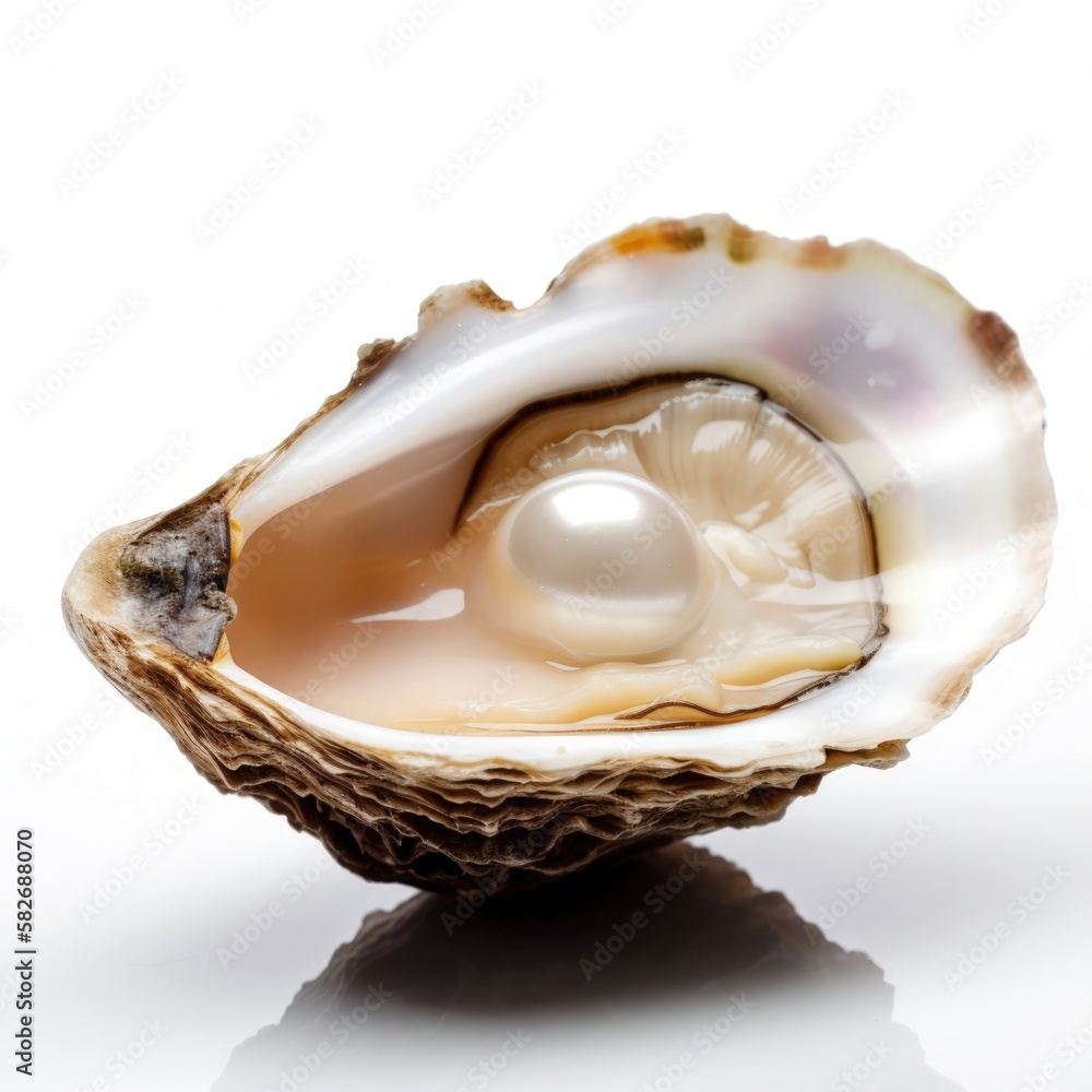 Macro closeup of isolated oyster shell with imperfect pearl inside, white background, fleshy meat inside, detailed oval shaped mollusk - generative ai Macro closeup of isolated oyster shell with imperfect pearl inside, white background, fleshy meat inside, detailed oval shaped mollusk - generative ai