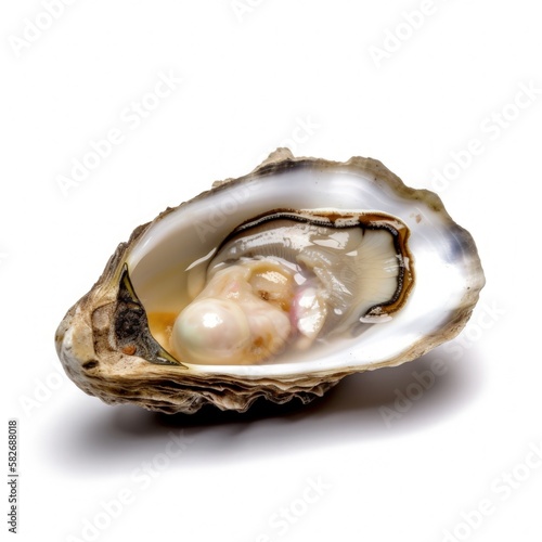 Macro closeup of isolated oyster shell with imperfect pearl inside, white background, fleshy meat inside, detailed oval shaped mollusk - generative ai