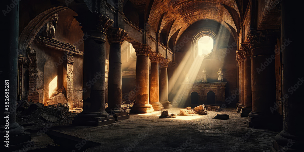 Ancient ruins, sacred space, light streaming in, digital illustration, AI generated