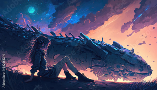 an epic anime manga illustration of a girl lying in front of a technically robot monster, generative ai technolgy