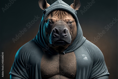 The king of the gym  a rhino s portrait in workout clothes