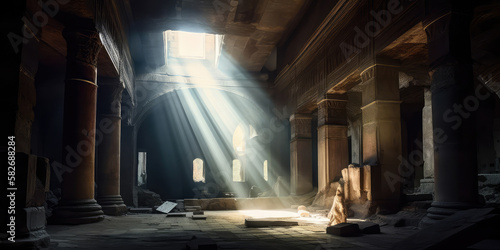 Ancient ruins, sacred space, light streaming in, digital illustration, AI generated