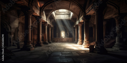 Ancient ruins  sacred space  light streaming in  digital illustration  AI generated