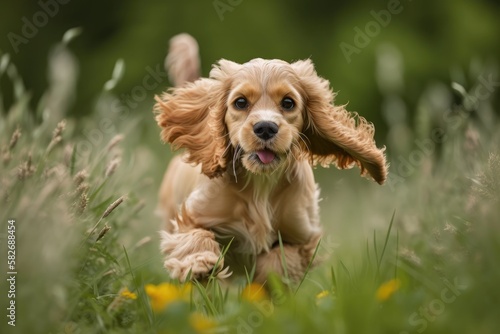 A puppy cocker spaniel runs through the green grass. Generative AI