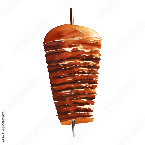 Grilled Doner Kebab for Shawarma on Rotary Pole Detailed Hand Drawn Illustration Painting