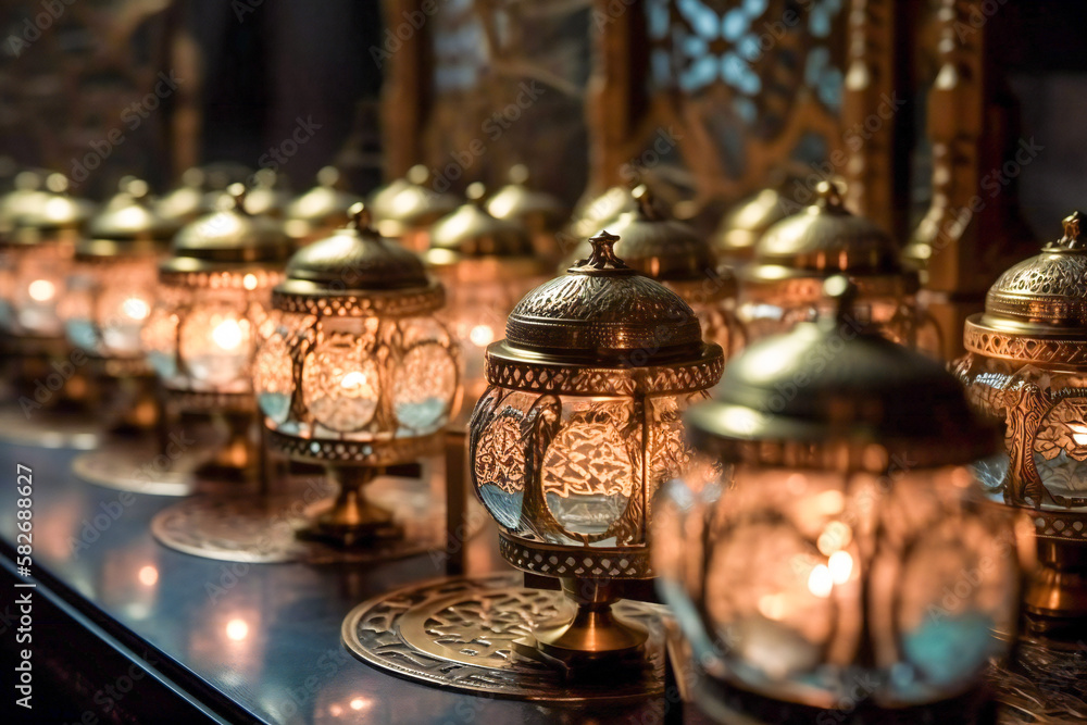 Metal filigree lanterns in a middle east bazaar. Oriental artwork and craft. Created with Generative AI technology. Metal filigree lanterns in a middle east bazaar. Oriental artwork and craft. Created with Generative AI technology.