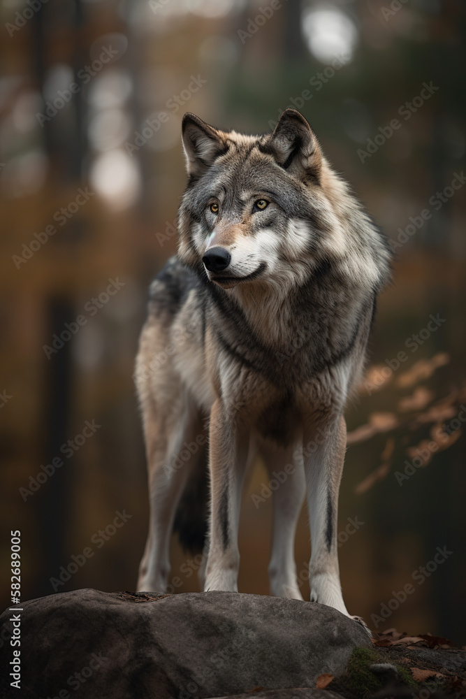 wolf standing alone in the forest, Generative AI