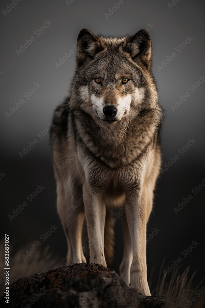 wolf standing alone looking straight into the camera, Generative AI