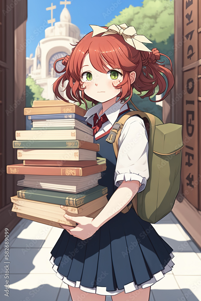 a cute young anime girl in school dress with a lot of books, generative