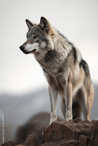 grey wolf canis lupus standing on top of a cliff  Generative AI