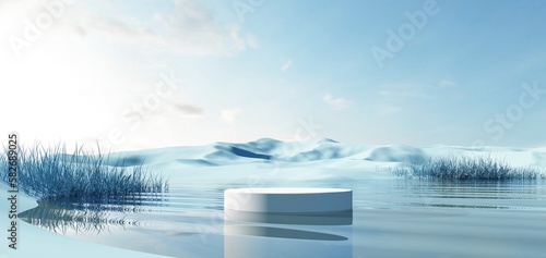 3d render of surreal landscape with round podium in the water and colorful sand. Podium, display on the background of abstract glass, mirror shapes and objects.Fantasy world, futuristic fantasy image.