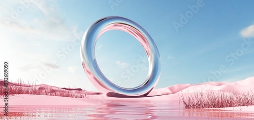 3d render of surreal landscape with round podium in the water and colorful sand. Podium, display on the background of abstract glass, mirror shapes and objects.Fantasy world, futuristic fantasy image.