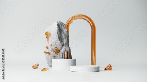 Exhibition podium, display with stones and gold crystals - 3d render. Mystical, magical, fantastic showcase for advertising and product presentation. Abstract platform with geometric objects. 