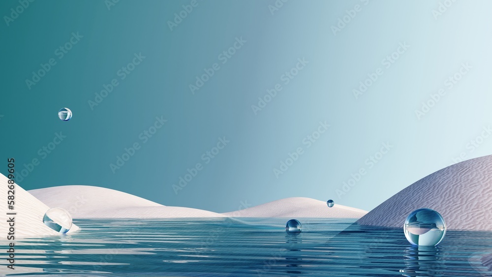 © JooLaR - 3d render of surreal landscape with round podium in the water and white sand. Podium, display on the background of abstract glass shapes and objects. Fantasy world, futuristic fantasy image.