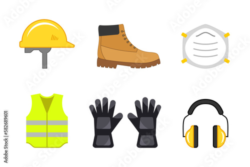 Work safety concept. Safety equipment color set. PPE, personal protection equipment. Construction industry. Protective helmet, mask, shoe, vest, gloves, headphones. Vector illustration, clip art. © Tasha Vector