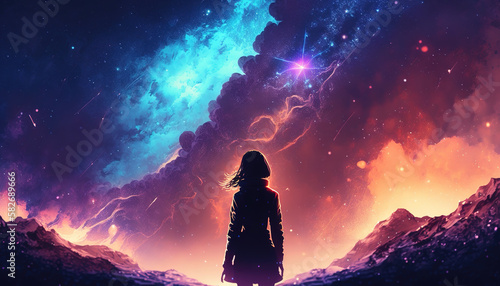 a wallpaper illustration of a woman standing in front of the impressive galaxy, generative ai technolgy