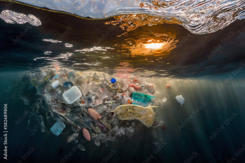ocean plastic pollution. Concept. Generative AI