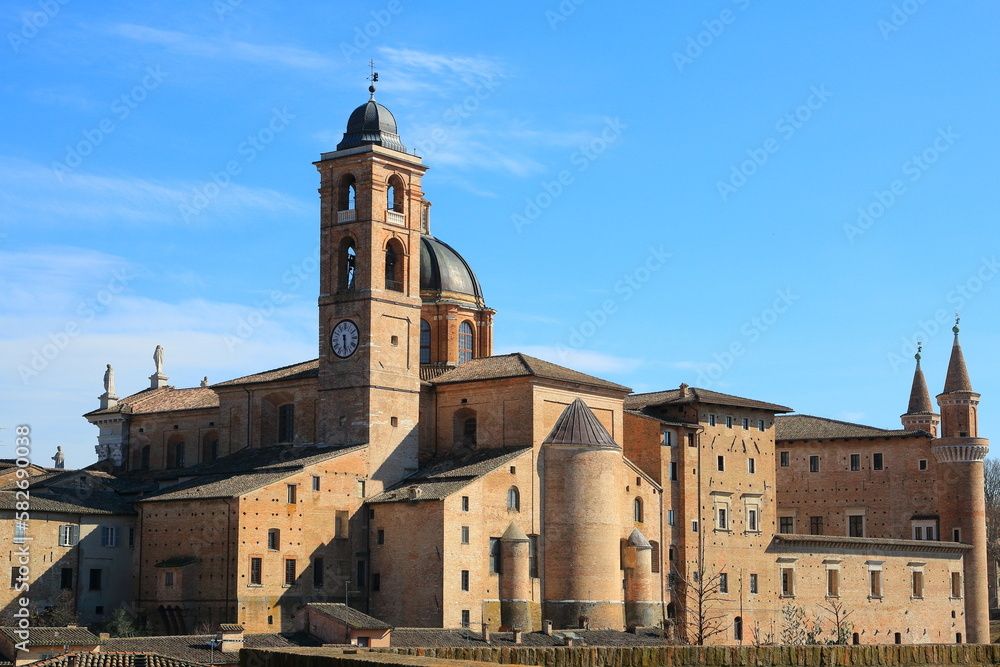 The Ducal Palace is a Renaissance building in the Italian city of Urbino in the Marche on a sunny March day.