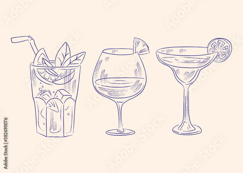 Three glasses with mojito martini cocktail vector vintage illustration