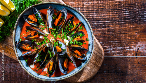 A plate of mussels in tomato sauce served with parsley and lemon