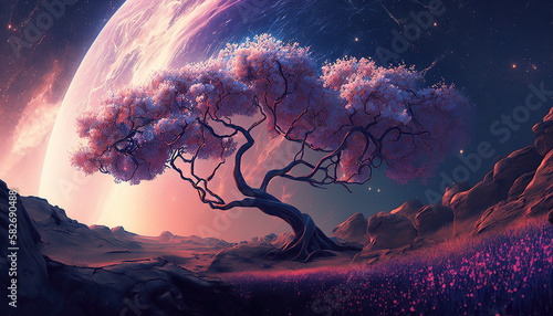 a lonely cherry tree in the space, epic scifi theme, generative ai technolgy