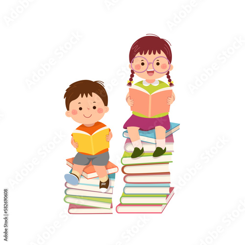 Vector cartoon little boy and little girl wearing glasses sitting on piles of books and reading