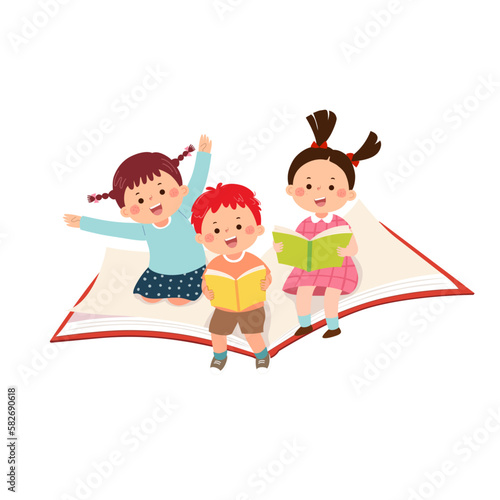 Vector illustration cartoon of happy kids flying on the book on white background