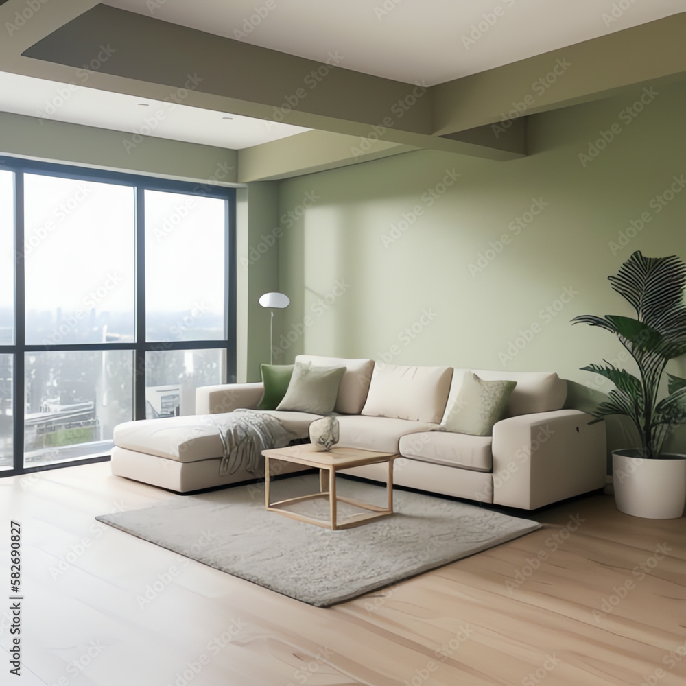 Modern interior of the living room with large panoramic windows and views of the skyscrapers of the metropolis Modern interior of the living room with large panoramic windows and views of the skyscrapers of the metropolis