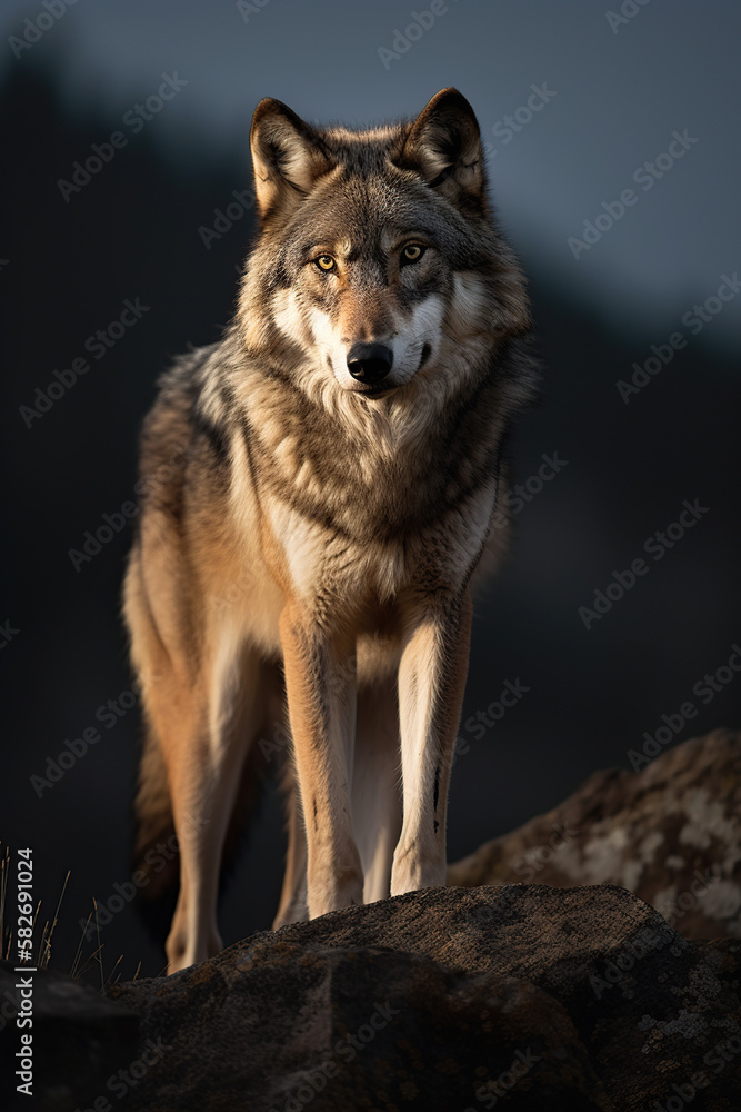 Fototapeta premium Lone wolf standing confident in evening sun, Generative AI