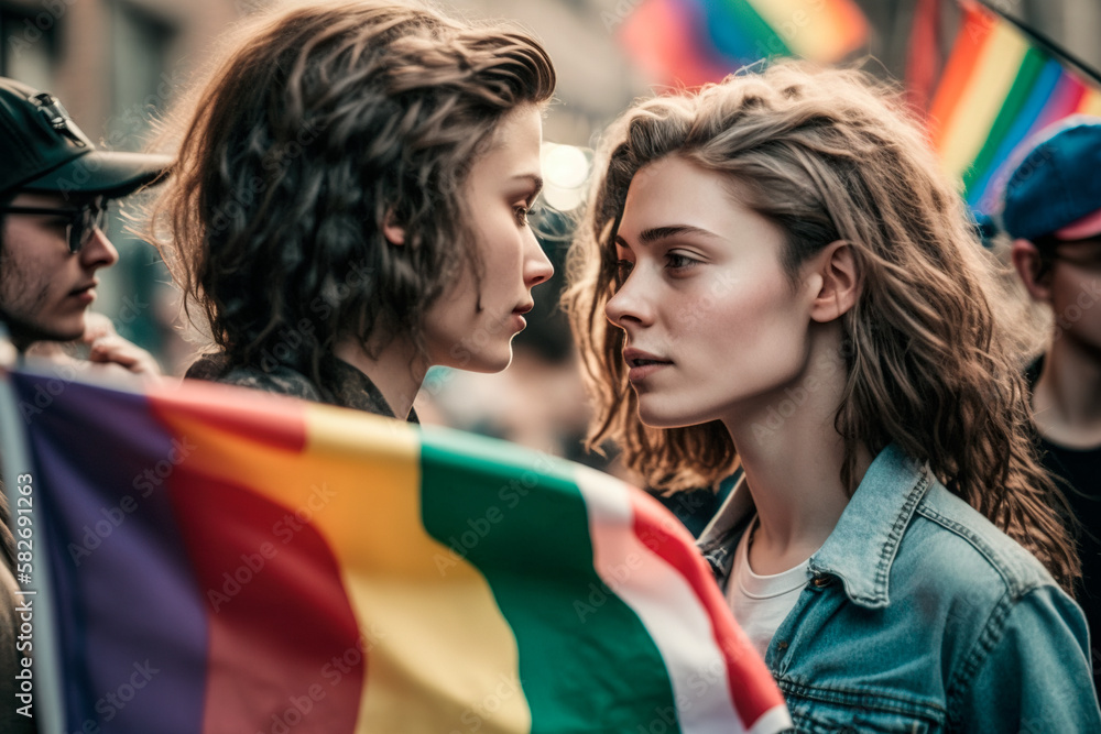 Two girls proudly waving rainbow flags at the LGBT Pride Parade. Young couple showing their support for love, inclusivity, and acceptance. Standing together for equality. Generative AI. Two girls proudly waving rainbow flags at the LGBT Pride Parade. Young couple showing their support for love, inclusivity, and acceptance. Standing together for equality. Generative AI.