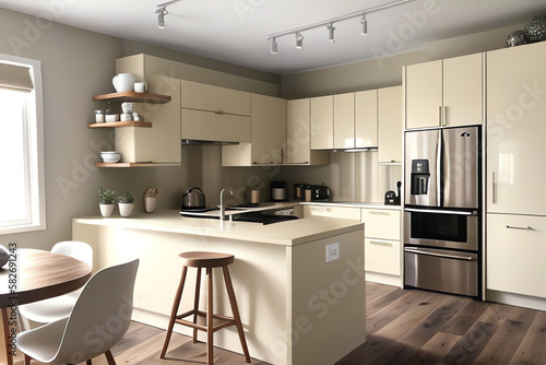 Modern kitchen interior in ligh cream colors. Generative AI