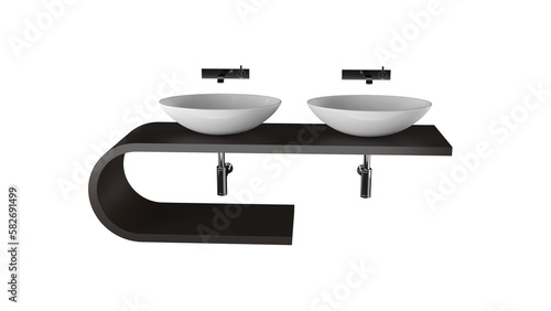 3D render realistic illustration of a white ceramic washbasin with stainless water tap in modern minimal style. White background, Products overlay backdrop, Space, Empty, Sink, Faucet, Clean, Hygienic