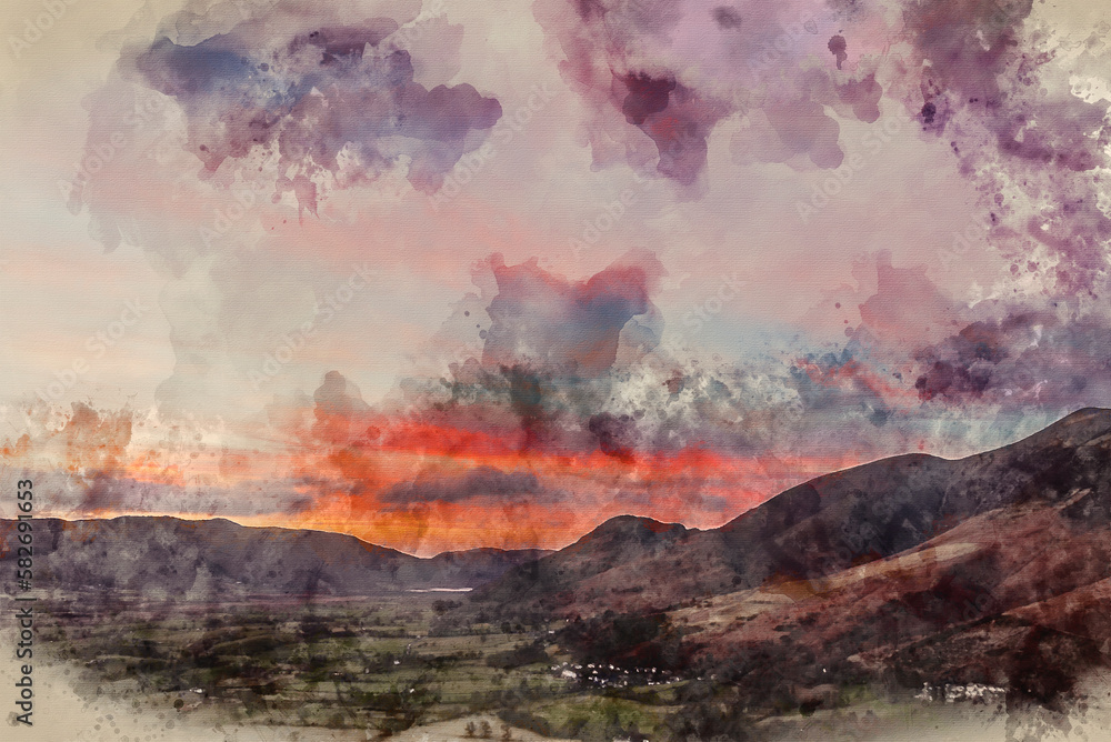 Digital watercolour painting of Beautiful colorful Winter sunset landscape over Skiddaw range looking towards Bassenthwaite Lake in Lake District