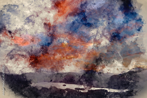 Digital watercolour painting of Absolutely wonderful landscape image of view across Derwentwater from Latrigg Fell in lake District during Winter beautiful colorful sunset