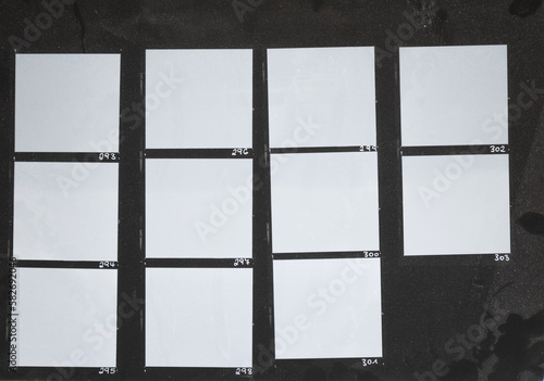 macro photo of black and white hand copy contact sheet with empty film frames. 6x6 medium format film photo placeholder.  photo