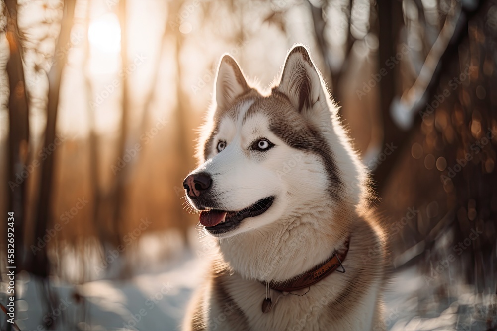 Backlight portrait of a lovely, cheerful, and cute beige and white dog breed siberian husky standing on snow in the winter woodland. Generative AI